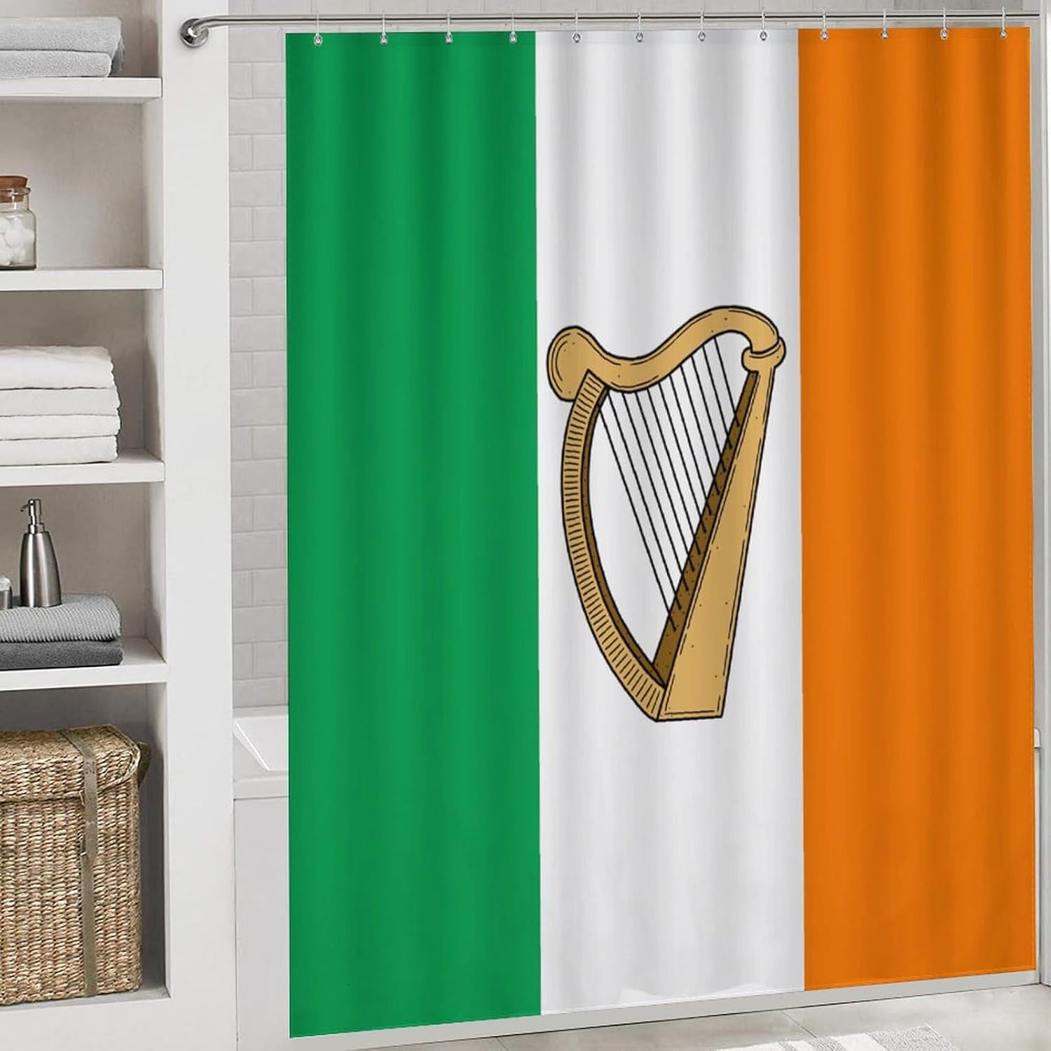 Irish Flag Ireland Harp Modern Bathroom Sets with Shower Curtain and Rugs Decor 4 Pcs with 12 Hooks