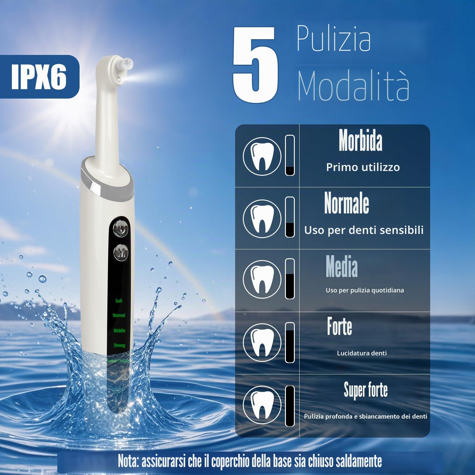 Lucidatore dentale elettrico multifunzionale, impermeabile IPX6, 5 modalità di intensità, luce LED, 5 accessori, sbiancamento dei denti e pulizia profonda