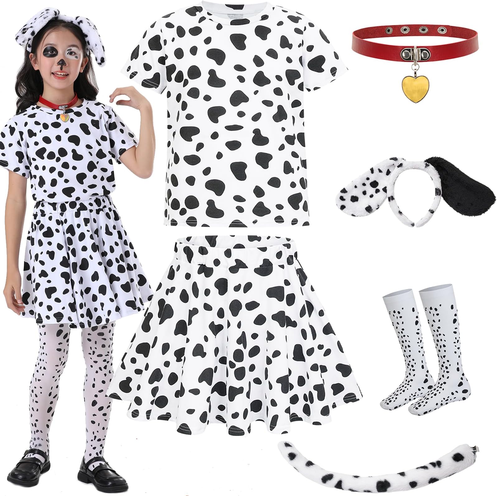 Halloween Dalmatian Costumes Kids, Girls Shirt Tutu Outfit Ears Headband Socks Accessories for 101st Day Of School