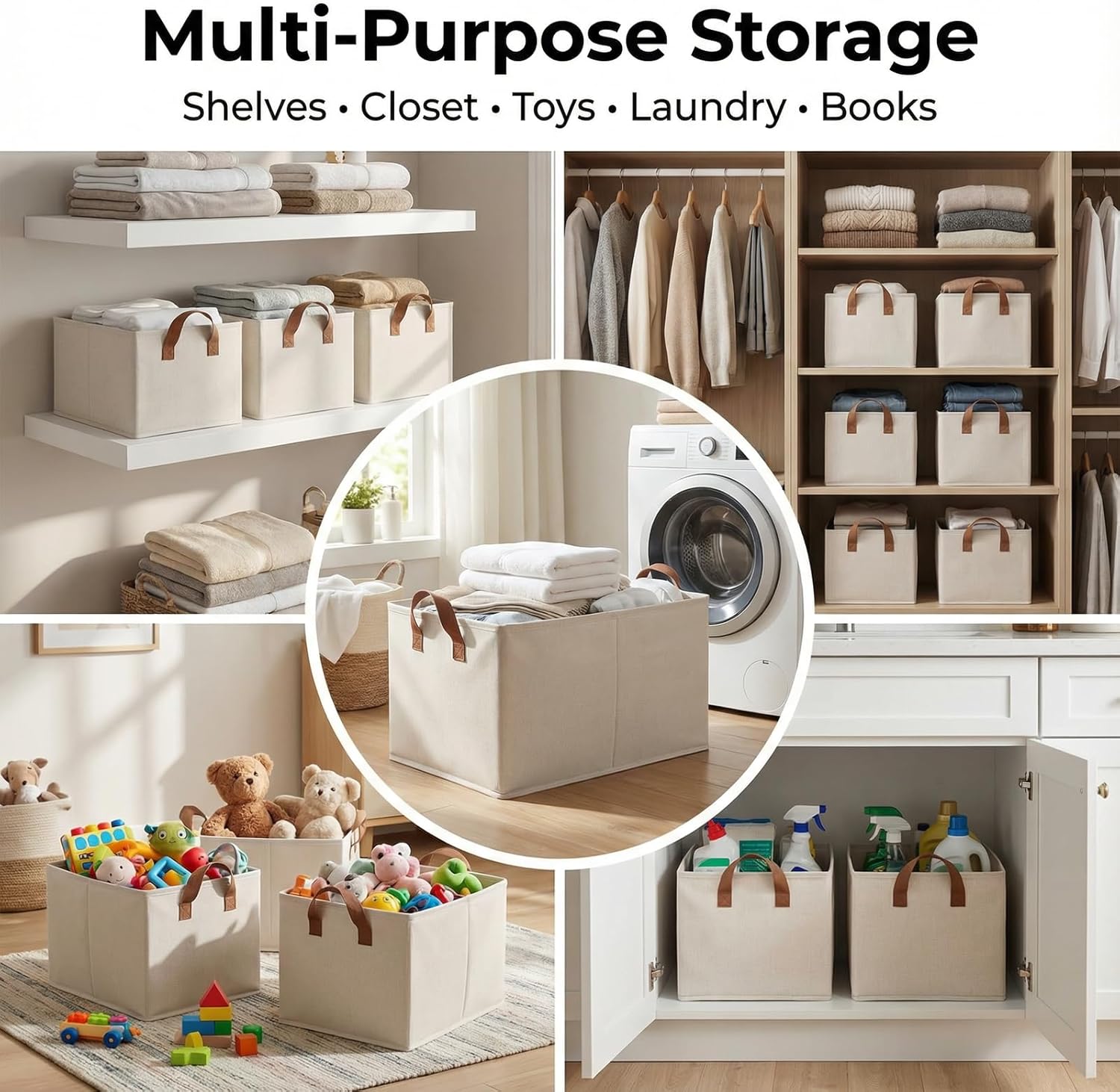 3 Pack Storage Bins Fabric Collapsible Organizers with Handles Sturdy Canvas with PP Board 17.9”x 11”x 7.9” Beige Foldable Storage Box for Closet Shelves, Books, Toys, Clothes, Office Organization - Image 7