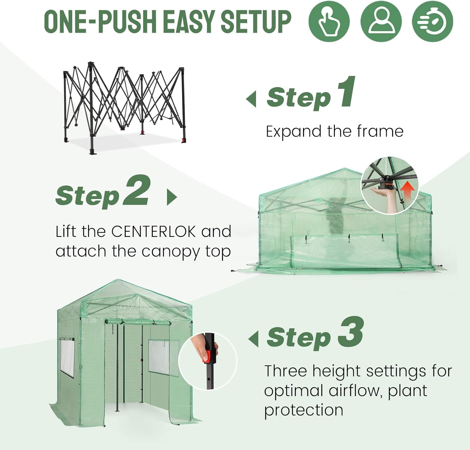CROWN SHADES 8x6 Walk-in Greenhouse for Outdoor Garden, Portable Pop Up Plant Greenhouse with Steel Frame and PE Cover, Roll Up Zipper Door and Mesh Vent Windows for Backyard Growing（Green）