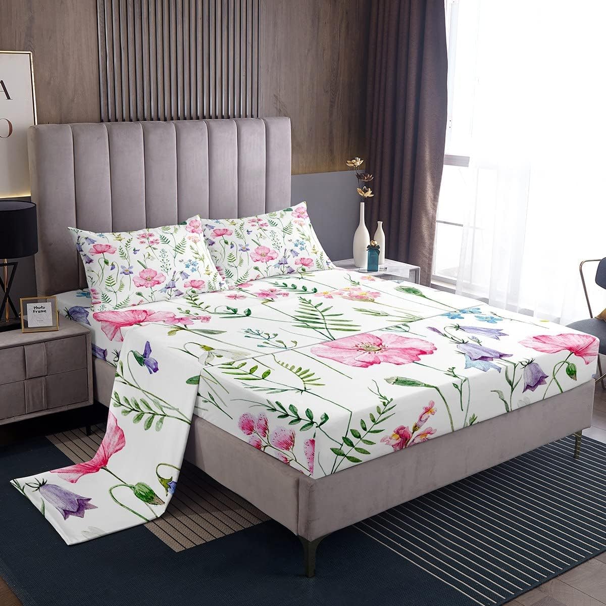 Pink Poppy Bed Sheets Poppy Floral Bedding Set For Kids Boys Girls Botanical Floral Bedding Fitted Sheet Colorful Wild Flowers Bed Sheet Set Single