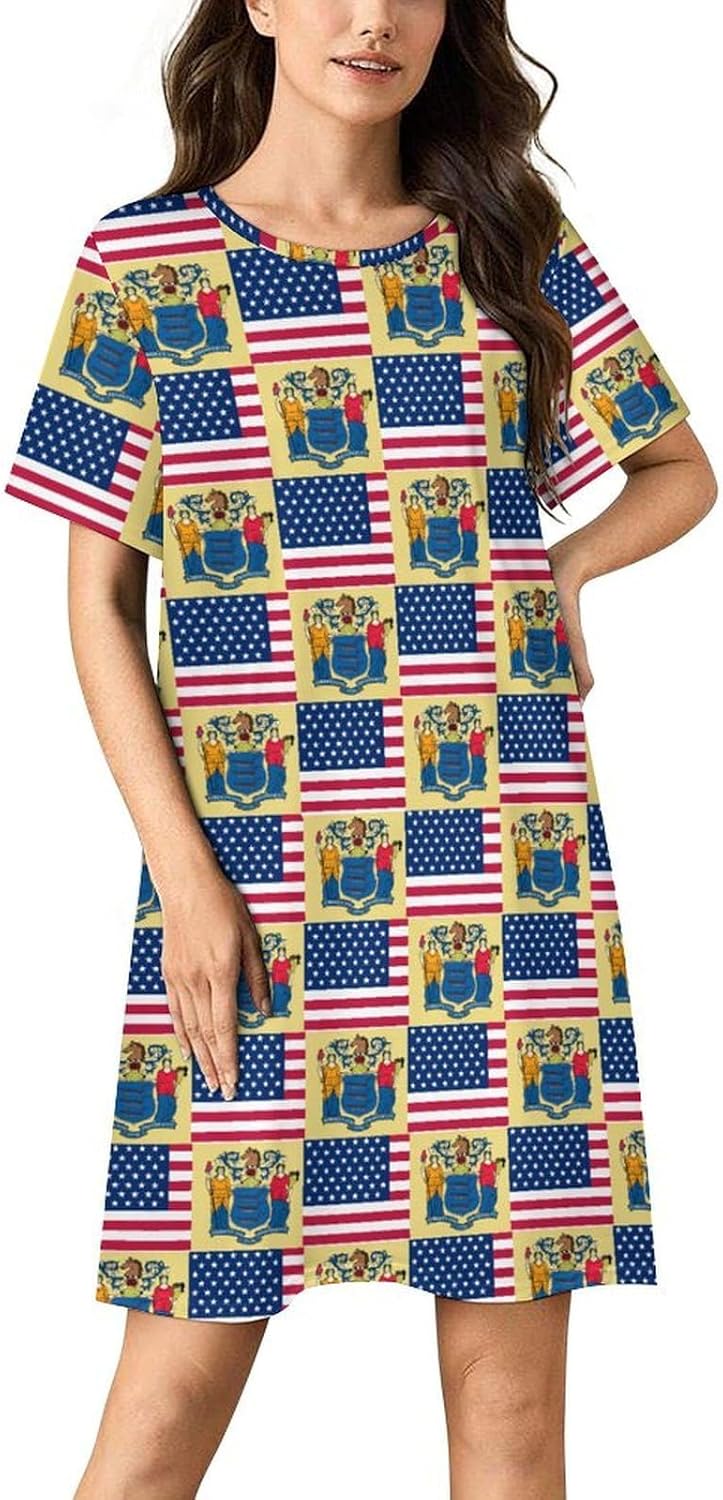 Flag of Usa And New Jersey Nightgowns for Women Short Sleeve Sleep Dress Casual Sleepshirt Night Gowns Pajamas