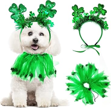 2 Pcs St. Patricks Day Dog Costume Shiny Green Headband Puppy Collars Elastic Fancy Shamrock Tutu Irish Dog Clothes for Medium Pet Cats Girl Party Outfit Holiday Dress Large, Irish Headband Collar