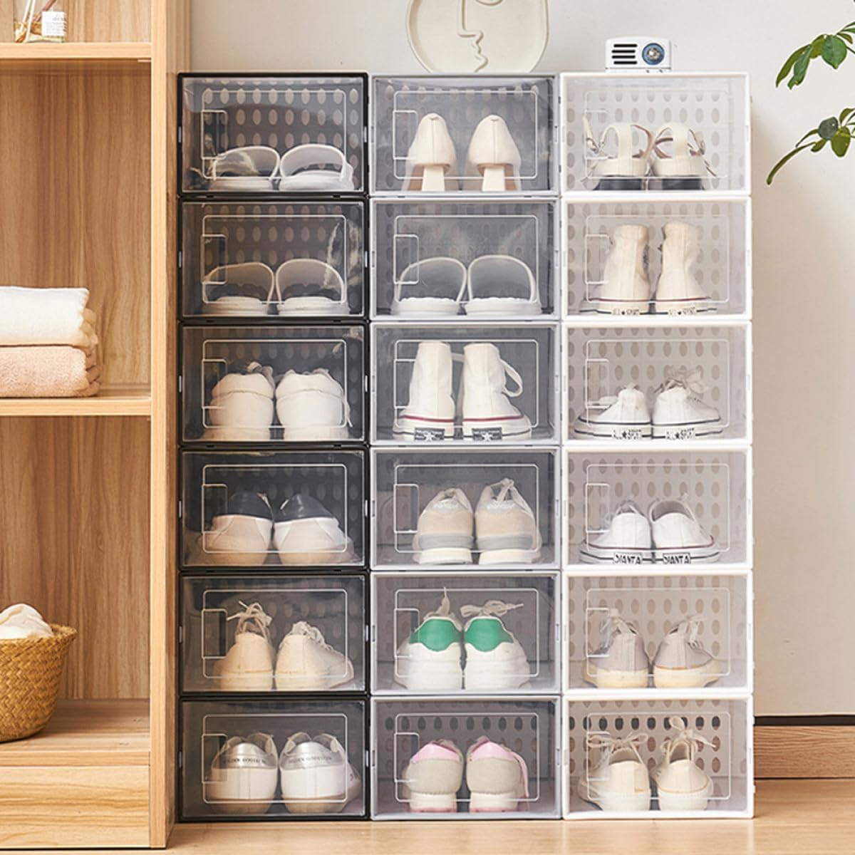 Ipetboom 3Pcs Transparent Stackable Shoe Storage Boxes High-grade PP Plastic Creative Shoe Cases for Dustproof Moisture-resistant Organization in Home Dorm Bedroom