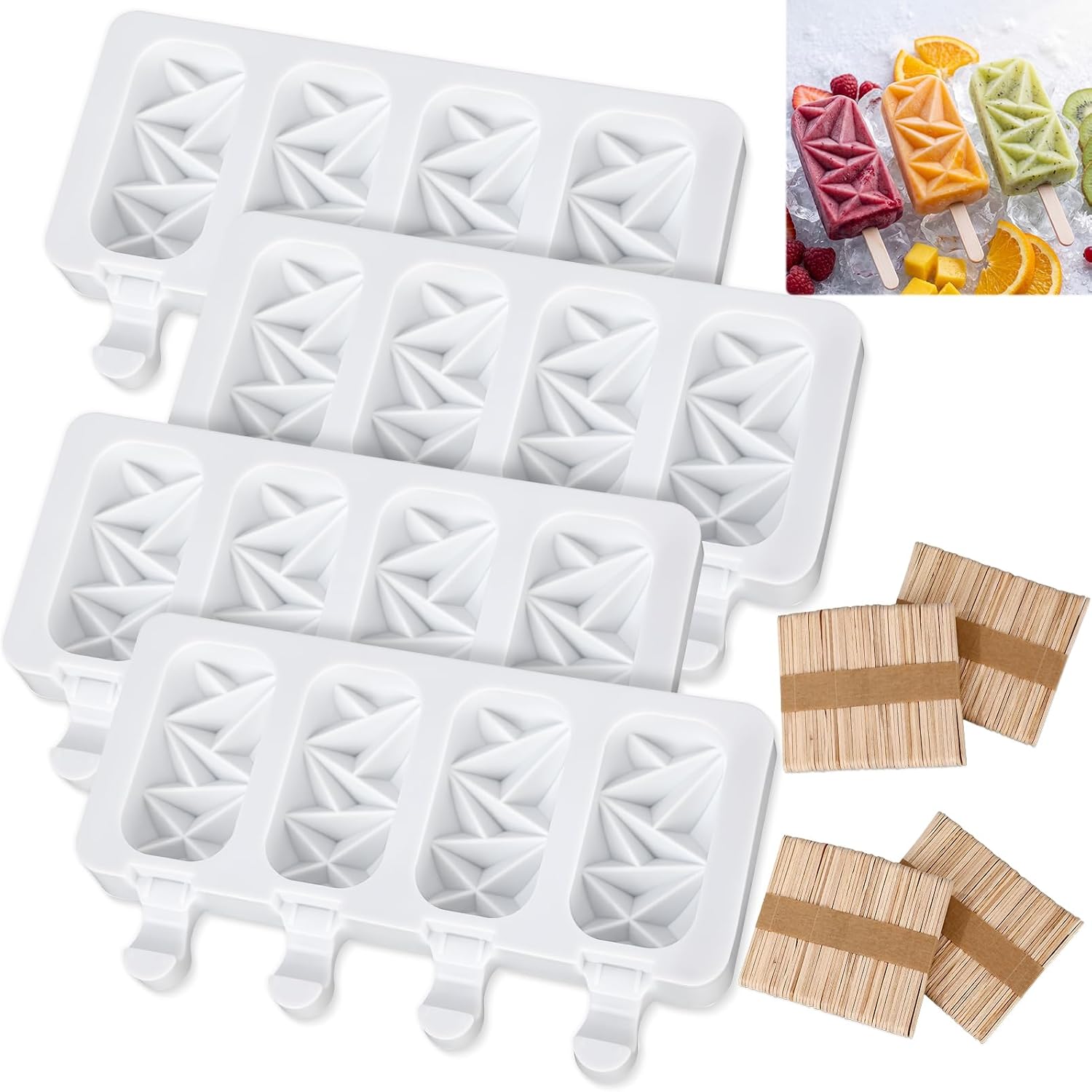 4 Pieces Ice Cream Mould lolly Mold Silicone Ice Cream Mold 4-Cavity Cake Pop Molds Baking Molds with 200 Pieces Sticks for Homemade Treats(Candied Hawthorn Styles)