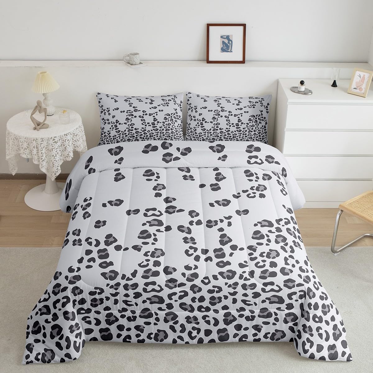 Feelyou Leopard Print Comforter Africa Cheetah Print Comforter Set Pearl Leopard Fur Bedding Set for Boys Girls Kids Teens Decor Grey Animal Skin Duvet Set King Size with 2 Pillow Case Quilt Boys