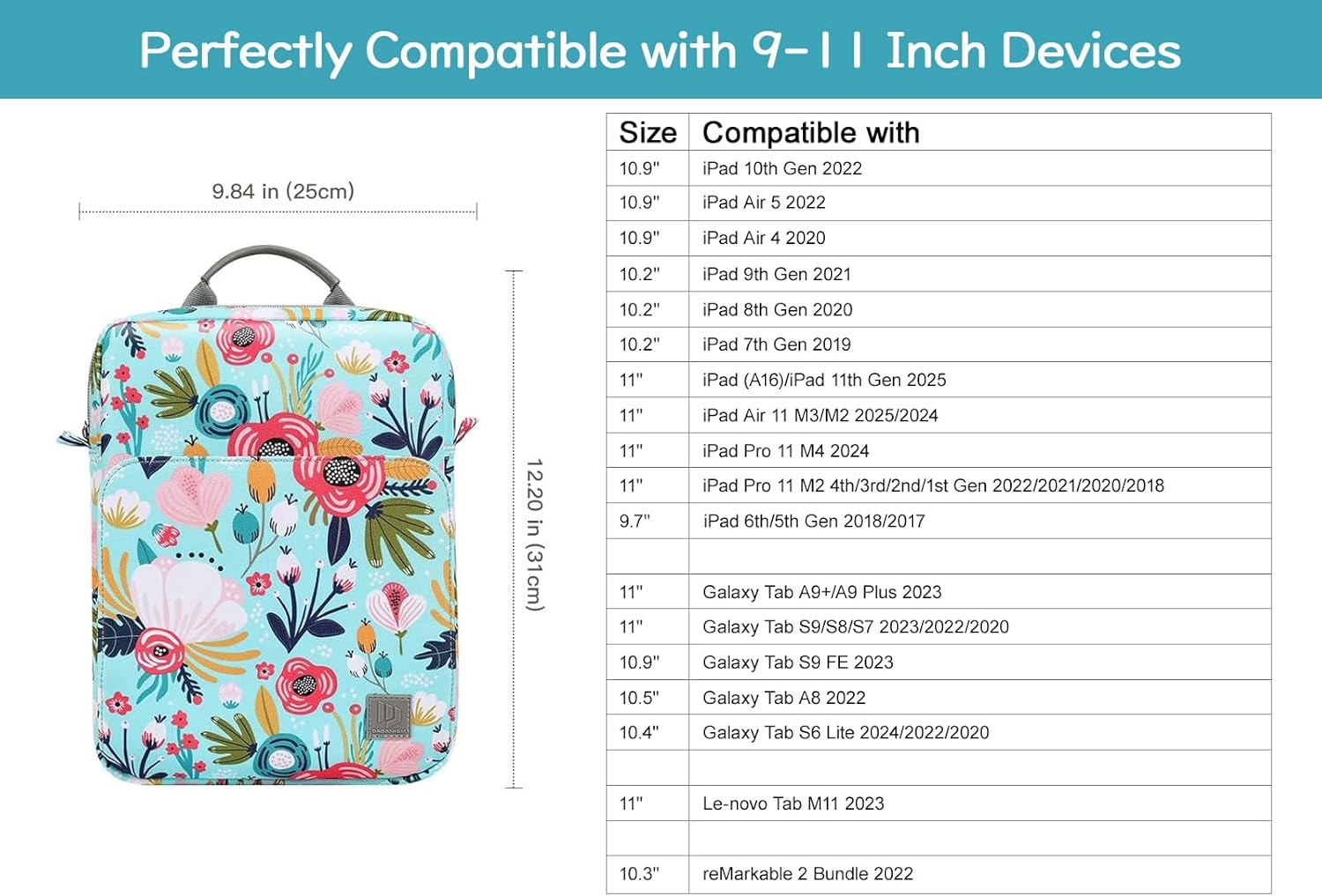 Dadanism 9-11 Inch Tablet Sleeve Bag Carrying Case with Shoulder Strap for iPad (A16) 11", iPad 10th Gen 10.9" Air 5/4, i-Pad Air/Pro 11", i-Pad 9/8/7th 10.2", Galaxy Tab A9+ Plus 11",Grass+Flower - Image 2
