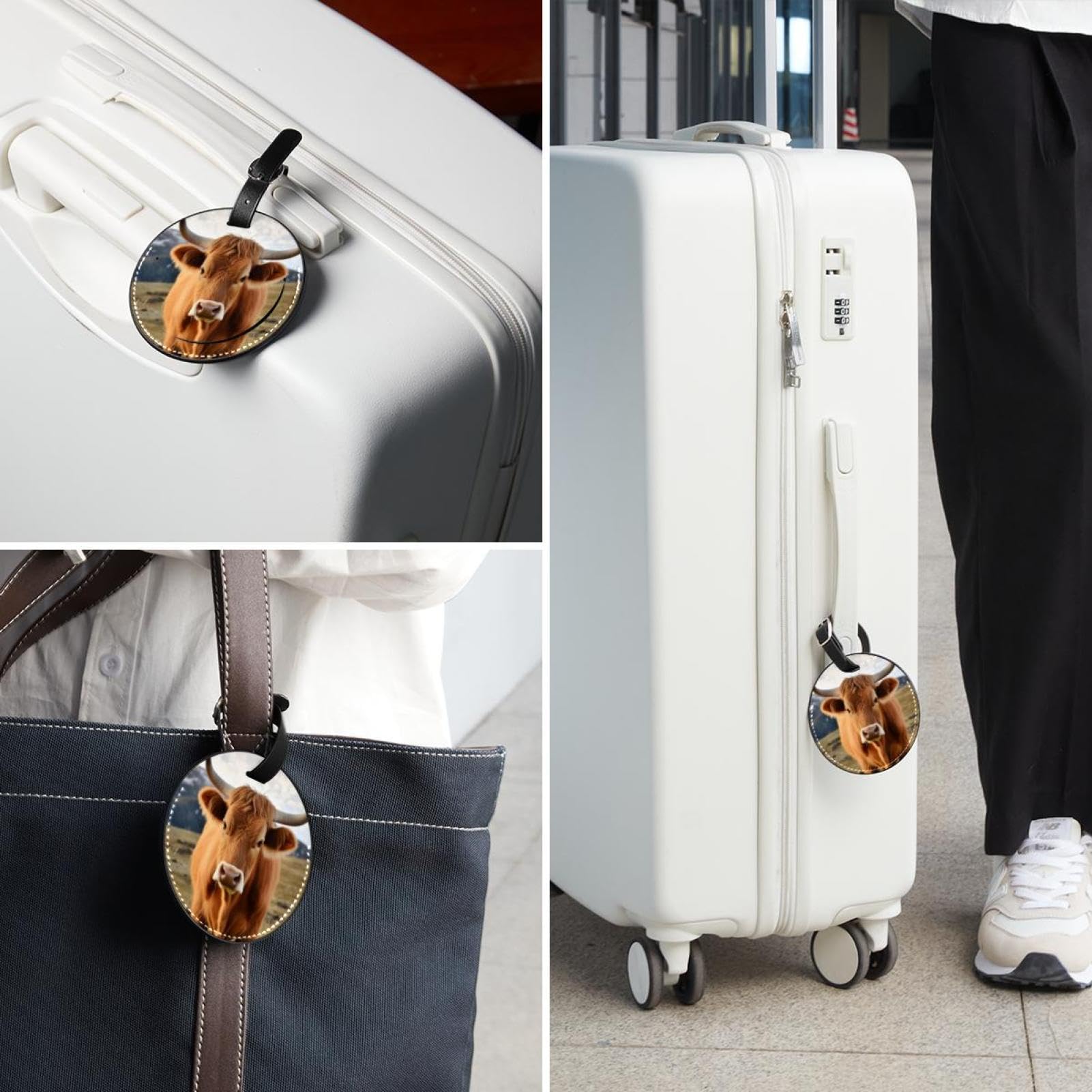 Herbivore - Etichette per valigie da viaggio in pelle PU con animali prateria della mucca da latte