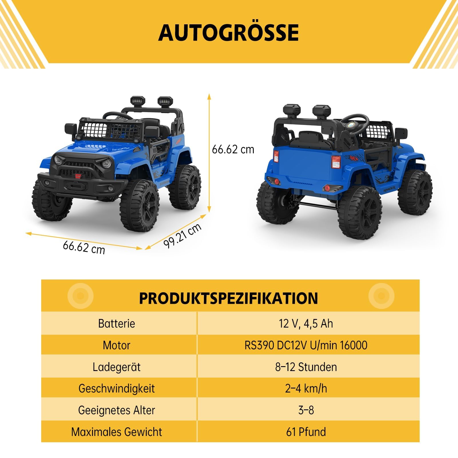 12V Kinder Elektroauto mit Federung, LED-Lichtern &