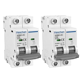 Heschen HSB6C-DC 2-Pole 500V DC Miniature Circuit Breaker 32A, 2-Pack Non-Polarized Photovoltaic Isolator Switch, C Type Tripping, 4.5KA DIN Rail Mount for Solar PV, RV & Battery