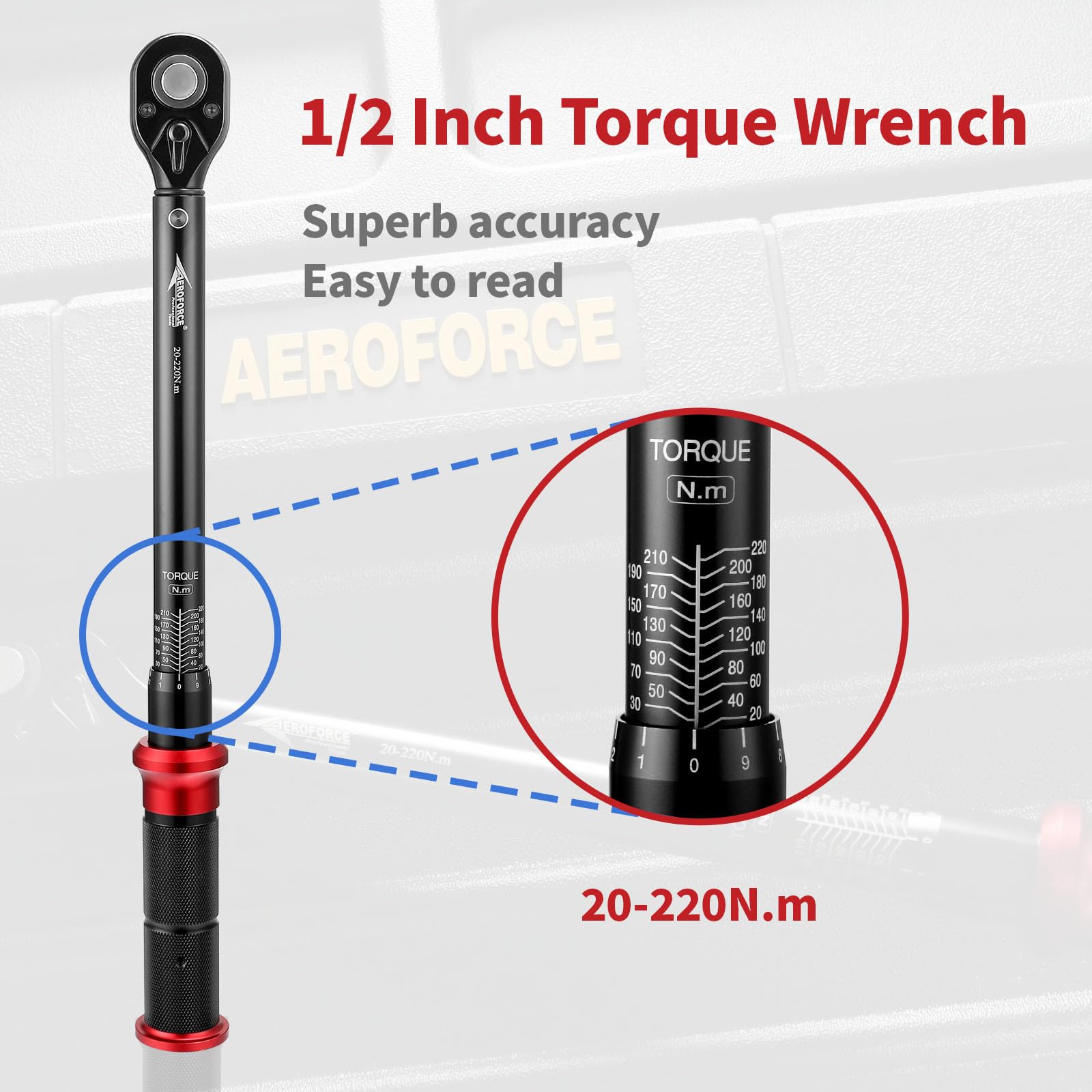 AEROFORCE Chiave Dinamometrica 1/2", Alta Precisione ±3%, 20-220NM, Chiave Dinamometrica con Scatola di Immagazzinaggio Per Auto Moto Riparatori