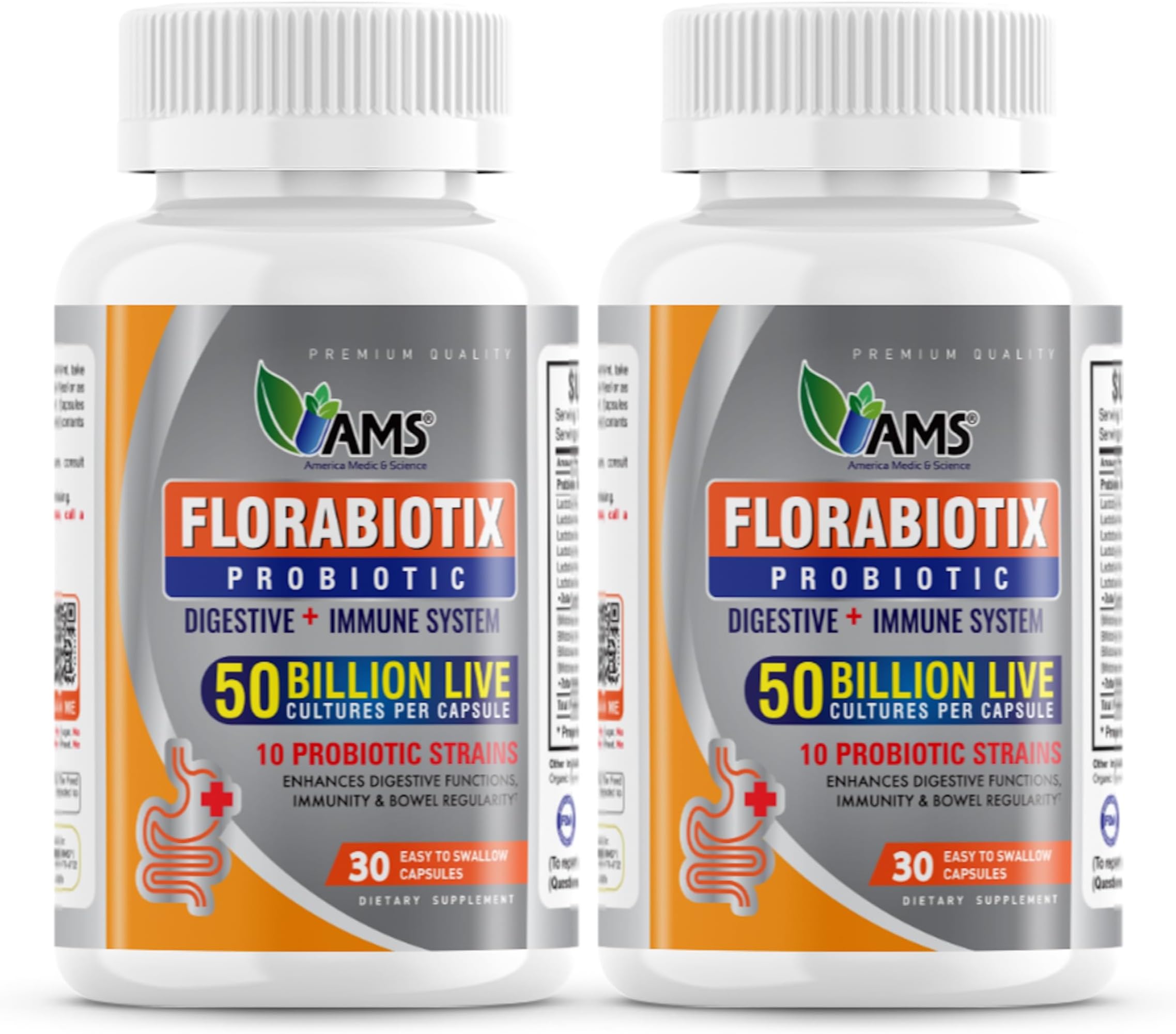America Medic & Science Florabiotix Probiotic (60 Capsules) | Dietary Supplement for Men and Women| 50 Billion Live Cultures | 10 Probiotic Strains | Supports Digestive and Immune Health (Pack of 2)