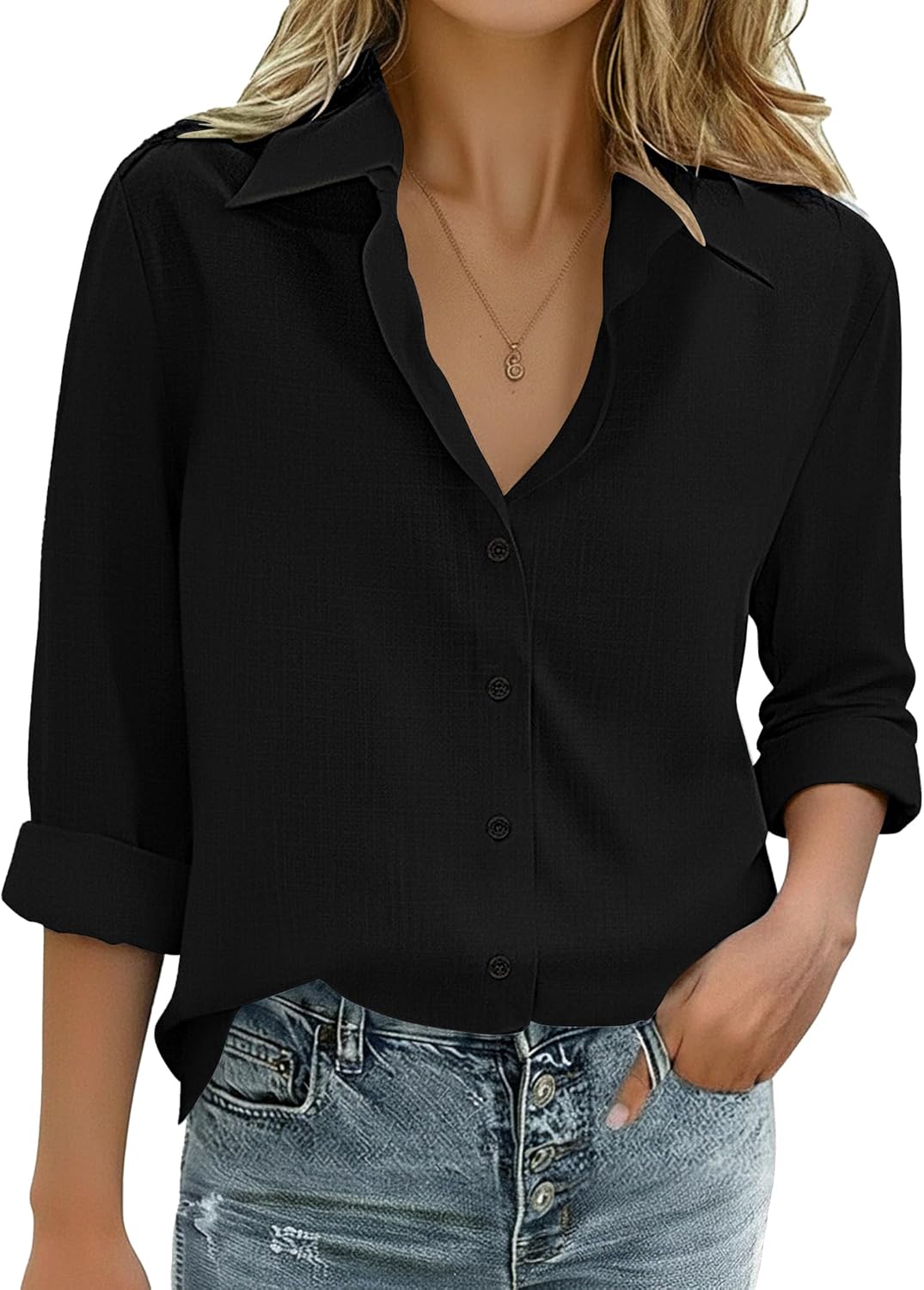 Zeagoo Womens Cotton Linen Button Down Shirts Loose Fit Long Sleeve Collared Blouse Casual V Neck Tops Outfits S-3XL