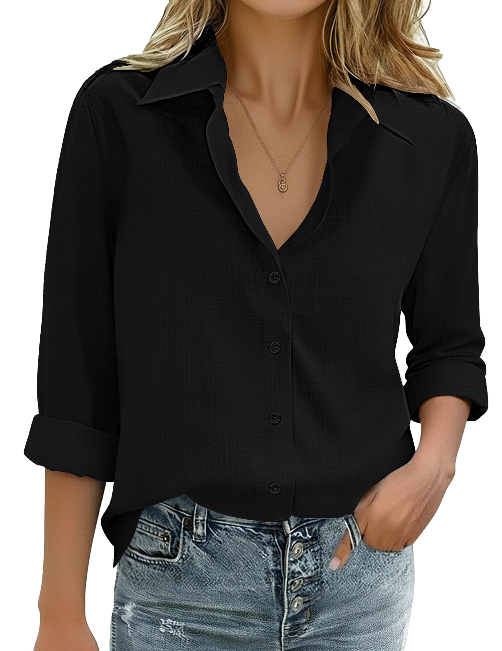 Zeagoo Womens Cotton Linen Button Down Shirts Loose Fit Long Sleeve Collared Blouse Casual V Neck Tops Outfits S-3XL