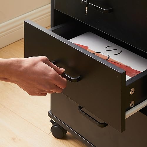 Miniatura 9 de TUKAILAi Archivador móvil con 3 cajones, unidad de almacenamiento con cerradura, archivador de madera con ruedas, para documentos de tamaño