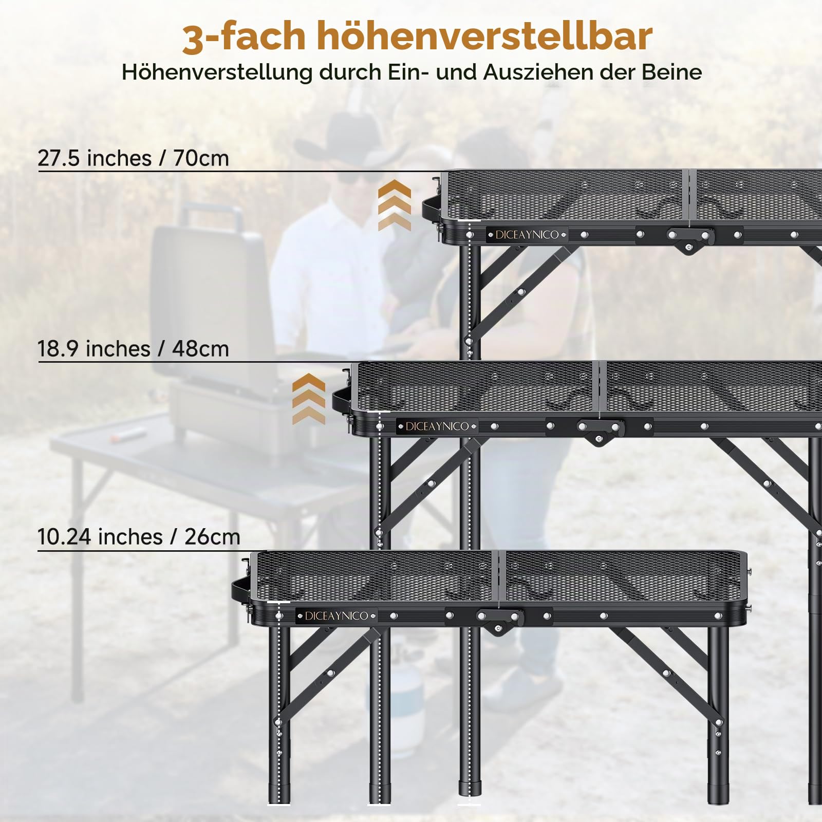 Klappbarer Grilltisch 56 x 38 x 70cm, 3-Fach Höhenverstellbar | Bis 70 cm Höhe, Aluminium mit Gitterplatte, Tragegriff, für Grillen, Camping, Garten, Terrasse, Picknick und Markt