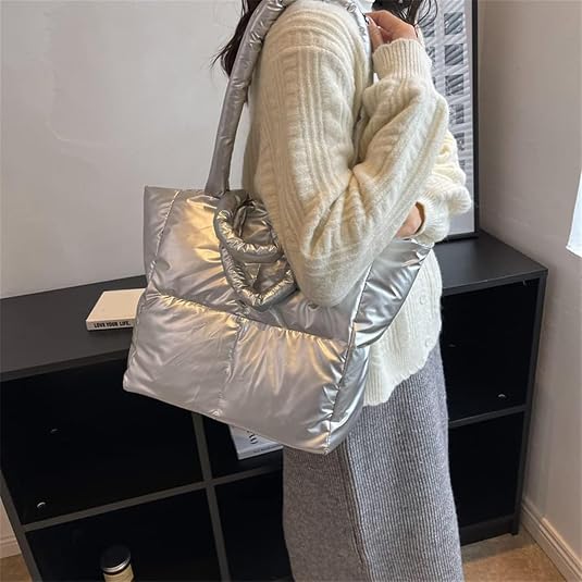 Women's Checkered Puffer Tote Bag - Large Zippered Shoulder Bag For Work & Travel, Lightweight - View #12