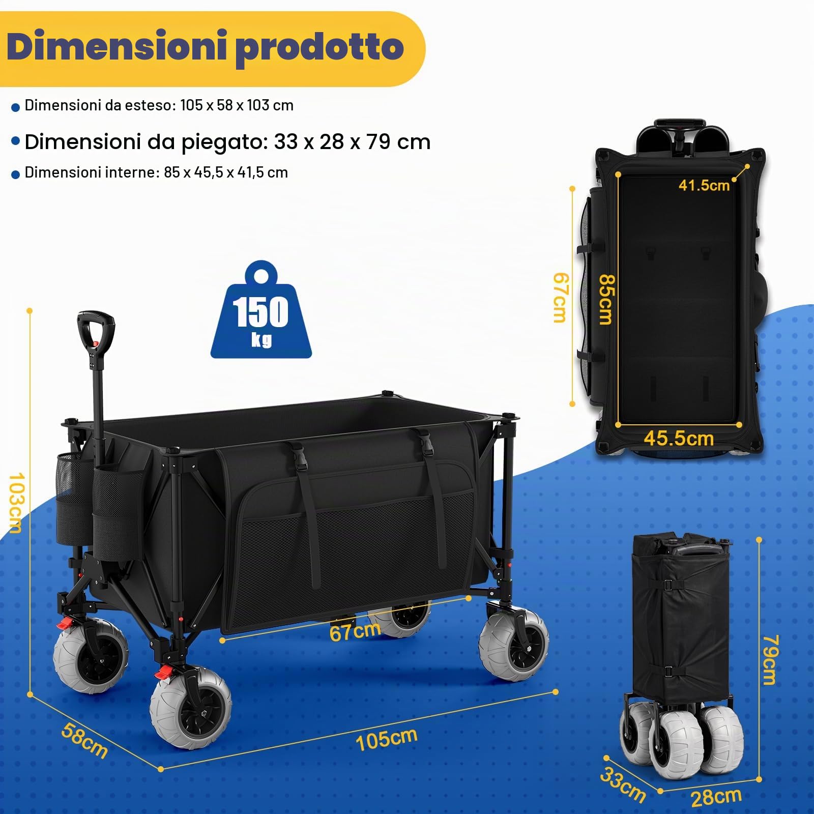 200L Grandi Carro Playa Plegable con Ruedas Todo Terreno, 200kg Carretto Spiaggia Pieghevole con Regolabile Braccioli e Freno, Carrito Playa Ruedas Borsa 20L per Campeggio Spesa