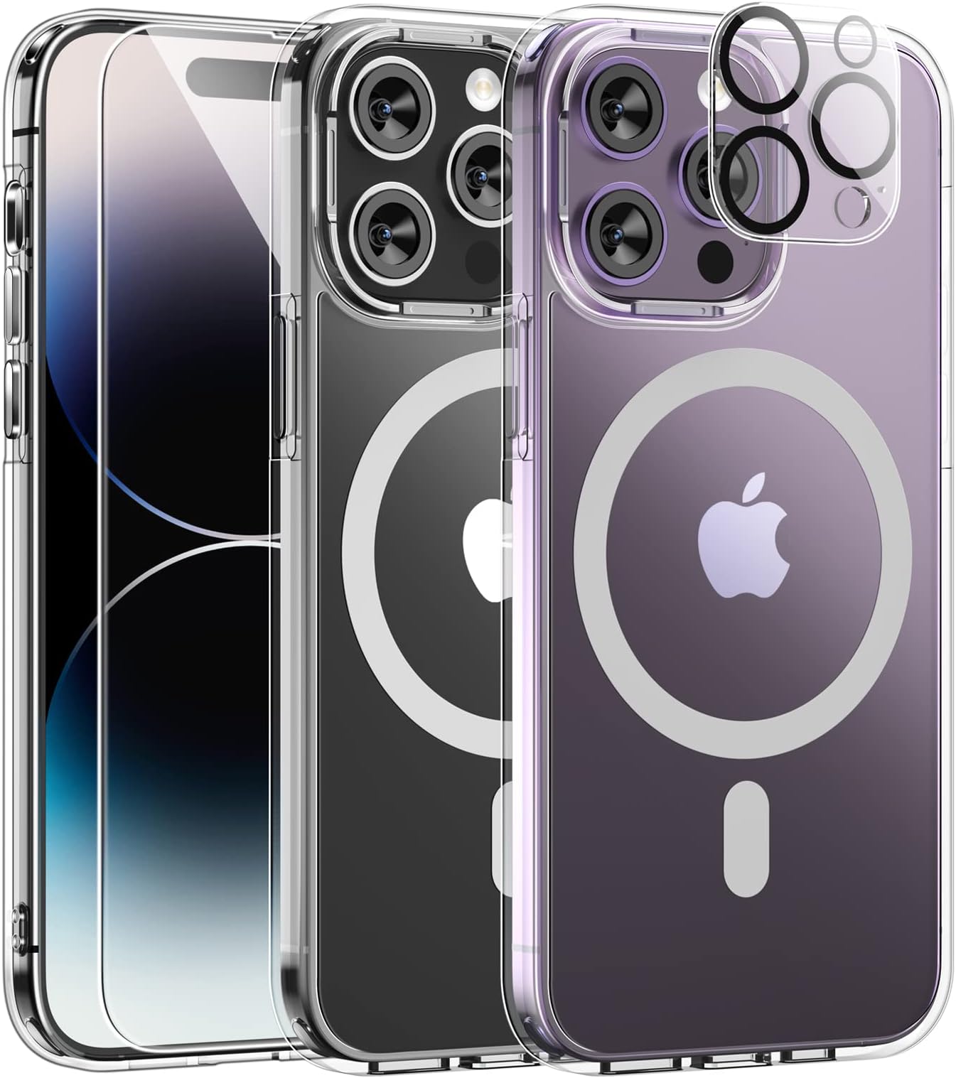 TAURI5-in-1 Magnetic Phone Case for iPhone 14 Pro Max [Military Grade Drop Protection] with 2X Screen Protector +2X Camera Lens Protector, Transparent Slim Fit Compatible with Magsafe Case-Clear