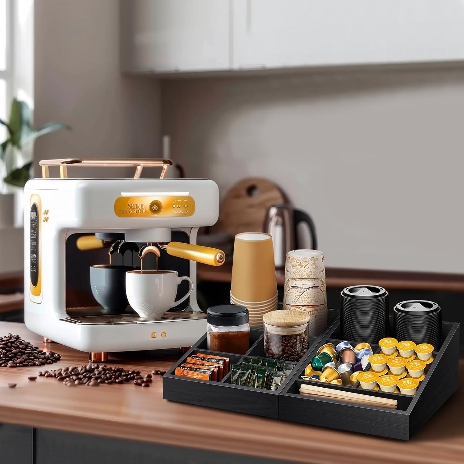 Coffee Station Organizer Coffee Condiment Service Tray & Snack Organizer Wood Snack Basket Snack Tray with Handles for Countertop,