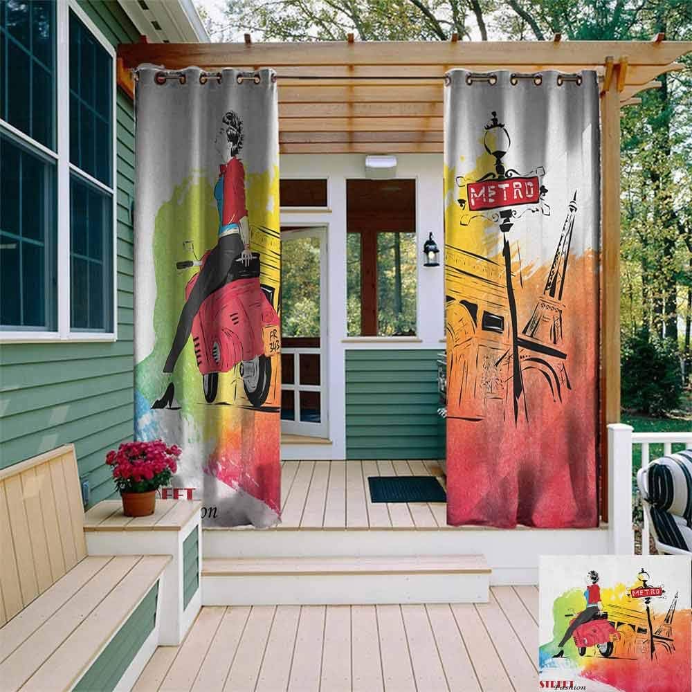Outdoor Grommet Top Curtain Panel Girls Woman on a Pink Motorcycle Trend Vogue Fashion in Paris Eiffel Tower Art Print Room Darkening, Noise Reducing W72"x L84" Red and Orange