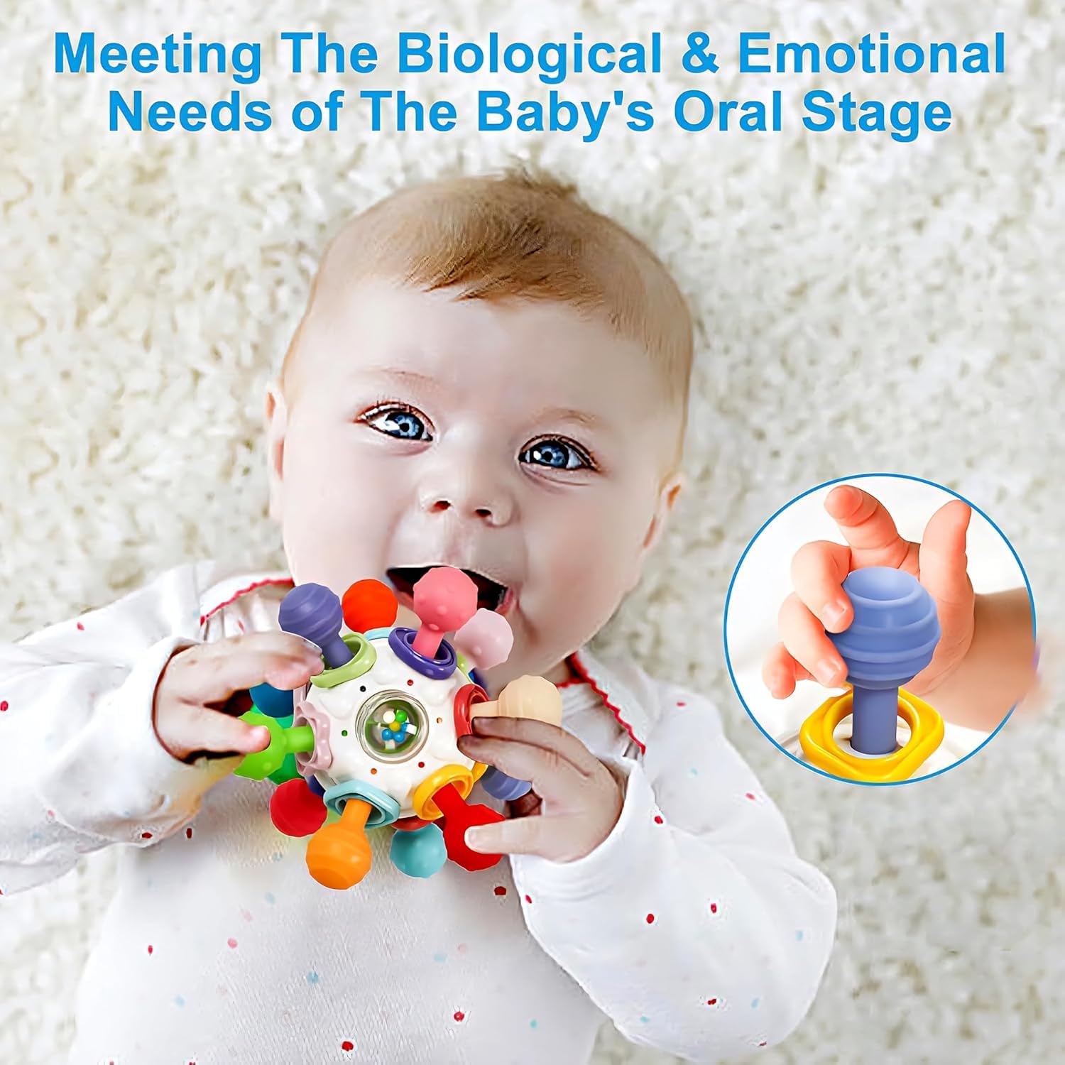 PB Prime Brands Silicone Baby Teether Ball Toy, BPA-Free Sensory Teething Toy for 3+ Months, Soft Chewable Textured Teether with Rattle, Colorful Grasping & Development Toy for Infants and Toddlers (White) 1