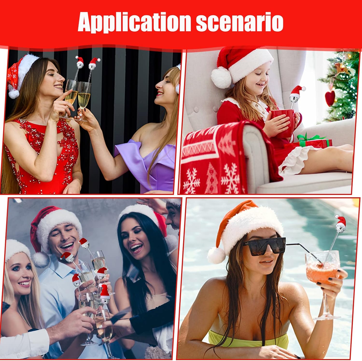 12 Pcs Christmas Mirror Disco Ball Cocktail Stirrers Glass Swizzle Stick Disco Decorative Straws Plastic Round Top Swizzle Sticks Christmas Hat Drink Stirrers for Beverage Bar Coffee Shop