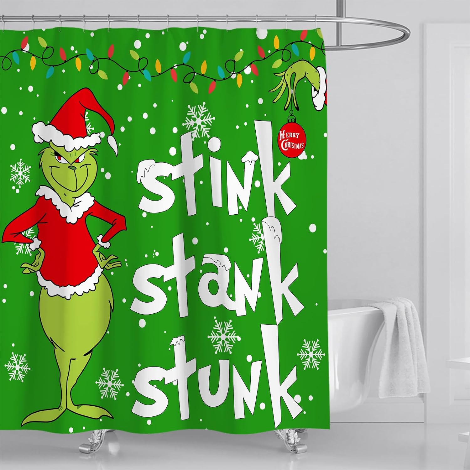 4Pcs Christmas Shower Curtain Sets with Non-Slip Rugs, Toilet Lid Cover and Non-Slip U Shape Bath Mat, Christmas Bathroom Decor with 12 Hooks Xmas Holiday Home Decor (Green A)