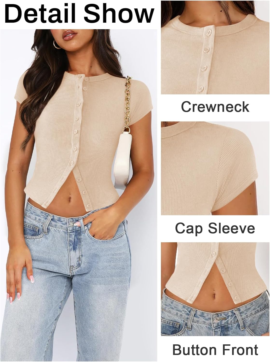 Women's Button Down Shirt Cap Sleeve Tops for Women Button Up Ribbed Knit Slim Fit Casual Y2K Crop Going Out Top - Image 4