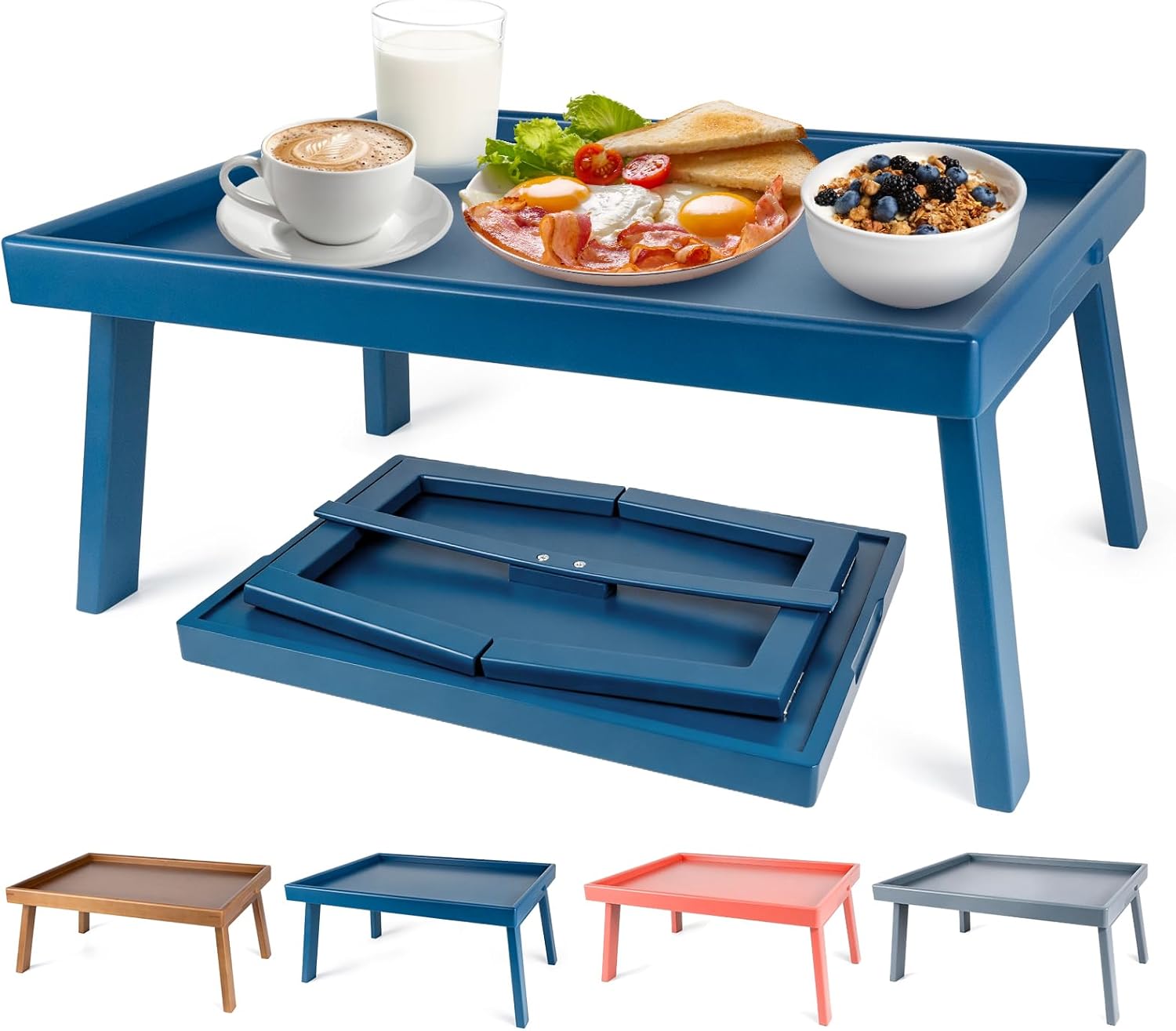 Large Bed Table Tray with Support Bar and Foldable Legs, Bamboo Breakfast Food Trays Table for Bed Sofa Eating and Laptops, TV Lap Tray Table on Couch (Applied for Invention Patent)