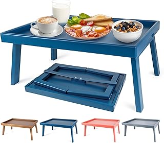 Bamboo Bed Table Tray with Support Bar and Foldable Legs, Breakfast Food Trays Table for Bed Sofa Eating and Laptops, TV Lap Tray Table on Couch (Applied for Invention Patent)