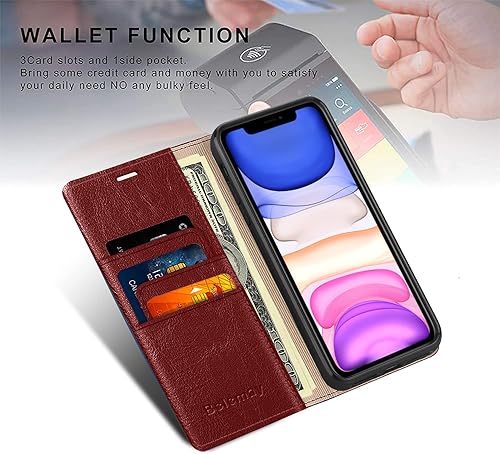 Miniatura 3 de Belemay Funda compatible con iPhone 15 Pro Max, piel auténtica, tarjetero con bloqueo RFID, carcasa de poliuretano termoplástico a prueba de golpes,