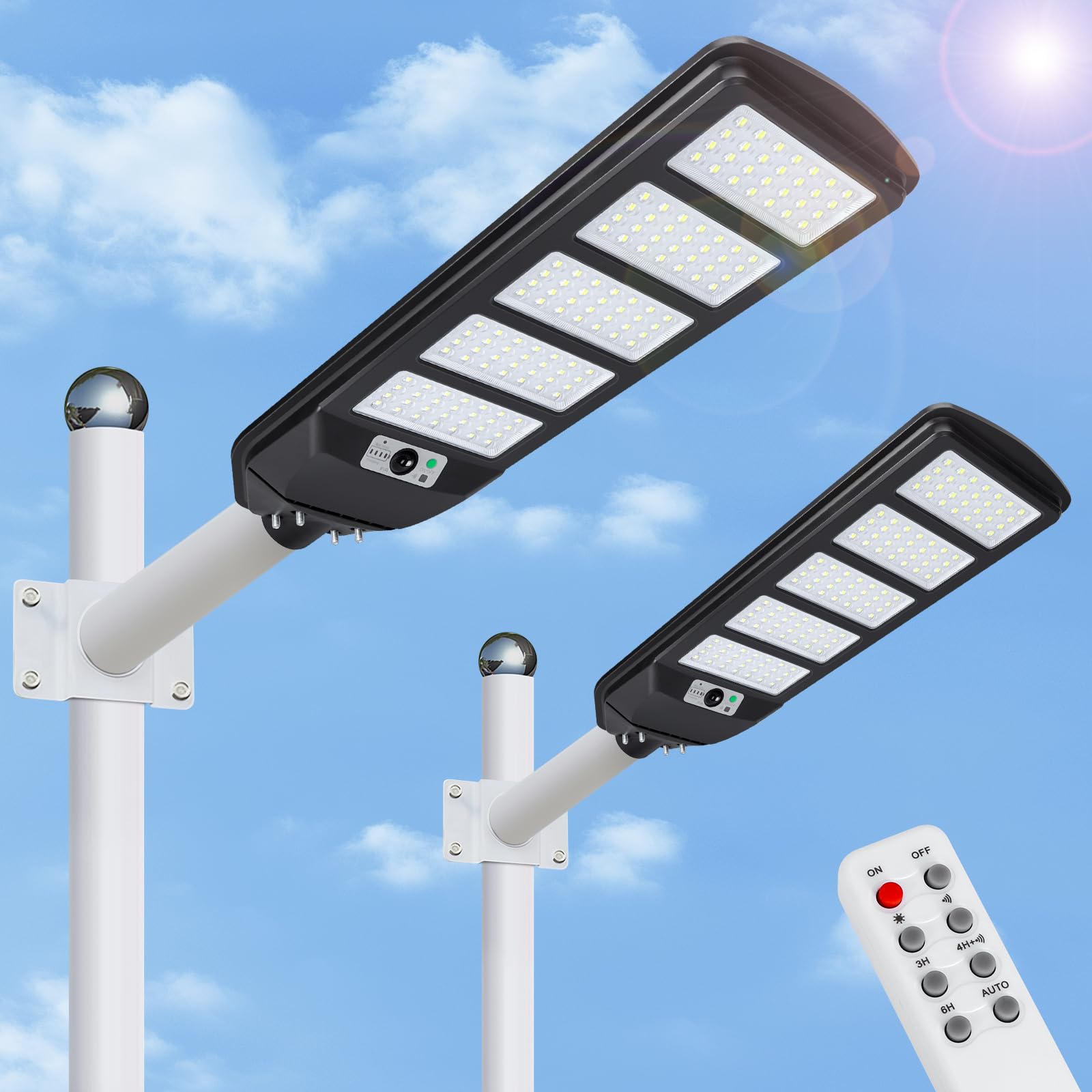 Aigostar- 2Pz 300W Lampione Solare da Esterno con Sensore di Movimento, Telecomando, Impermeabile IP65, 3000LM Luce Fredda 6500K, Lampioni Solari LED per Giardino, Cortile, Strada,Non Include il Palo