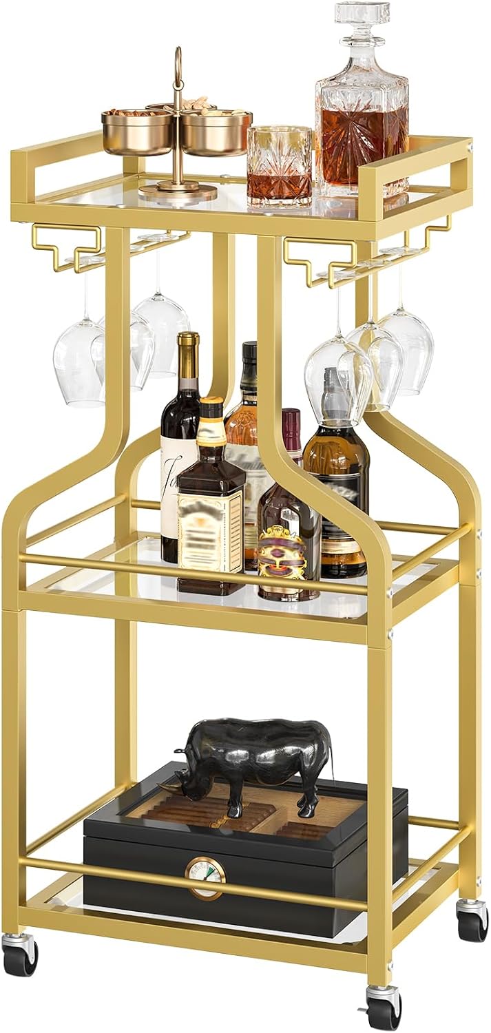 Choezon Gold 3-Tier Rolling Bar Cart with Wine Glass Holders & Lockable Wheels - Mobile Kitchen Serving Trolley TTC30GJ
