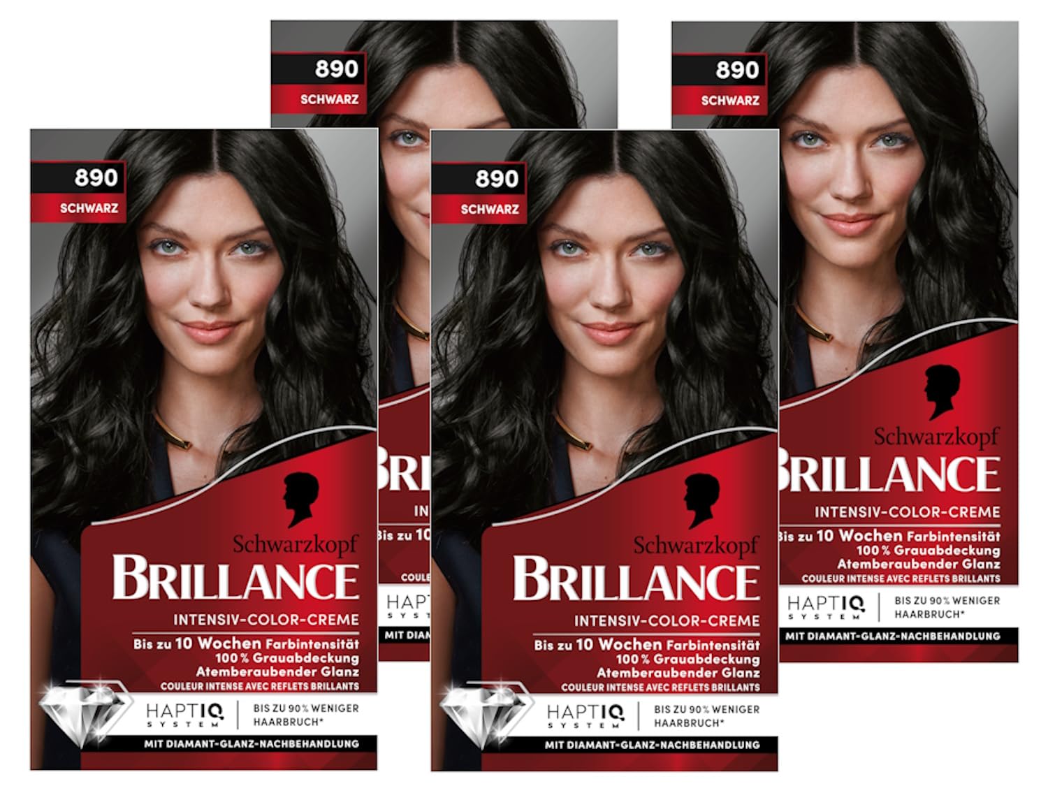 Brillance Intensiv-Color-Creme 890 Schwarz (4x 160 ml), dauerhafte Haarfarbe mit Diamant-Glanz und Pflege-Conditioner, für 10 Wochen Farbintensität