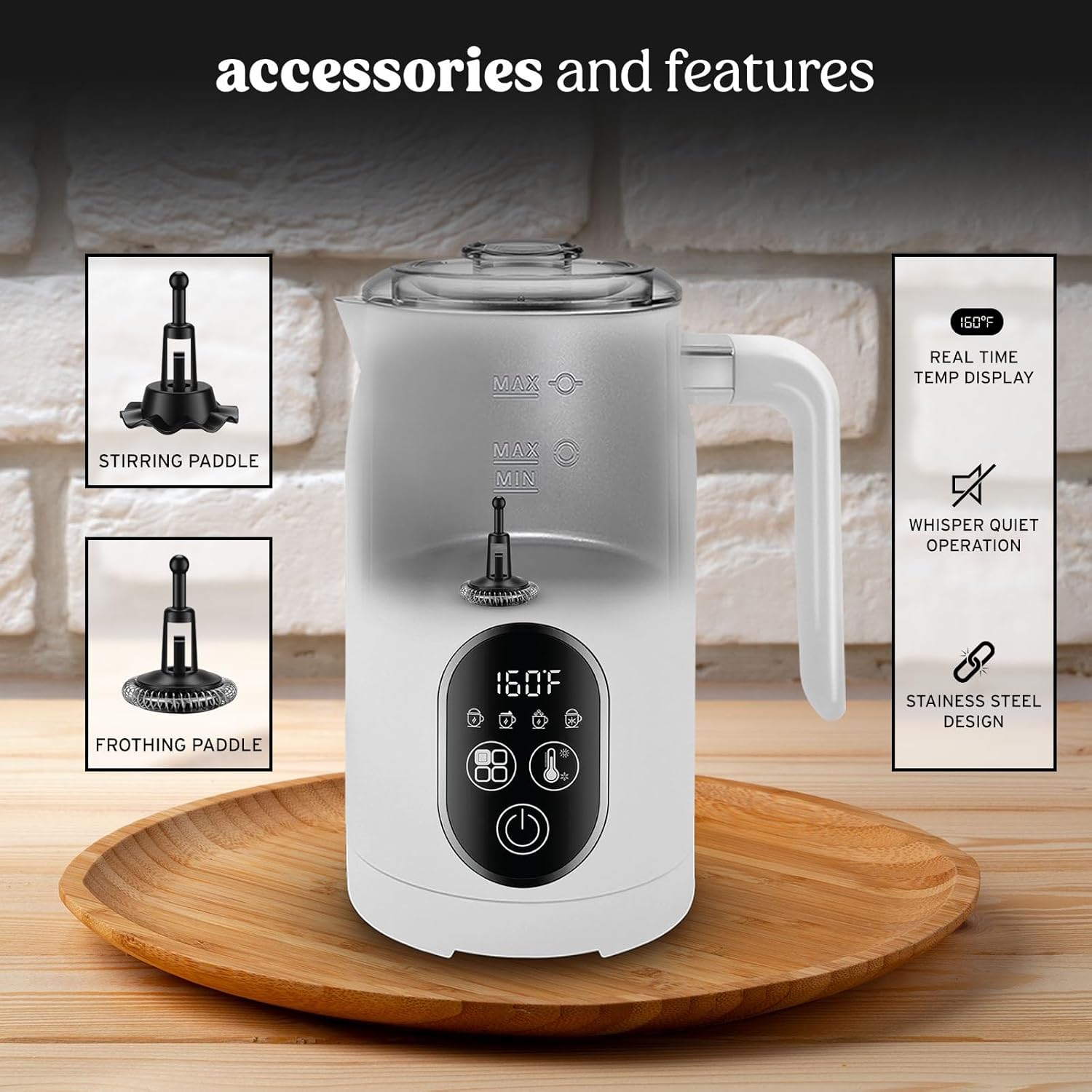 NELO Electric Milk Frother, 4 In 1 Digital Milk Frother and Steamer with Real-Time Temperature Control, Automatic Frother for Coffee, Latte, Hot Chocolate, Cappuccino, BPA Free Stainless Steel (White)