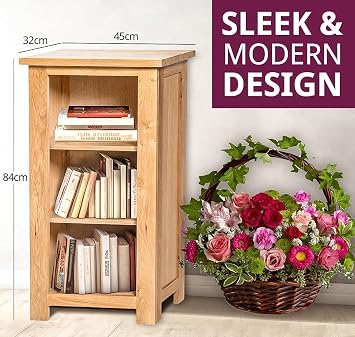 Hallowood Furniture Waverly Solid Wooden Oak Bookcase, Solid Oak Furniture | Narrow Book Shelf with 2 Adjustable Shelves, Light Oak Low Bookshelf, Small Shelf Unit for Bedroom, Home Office, Living Room