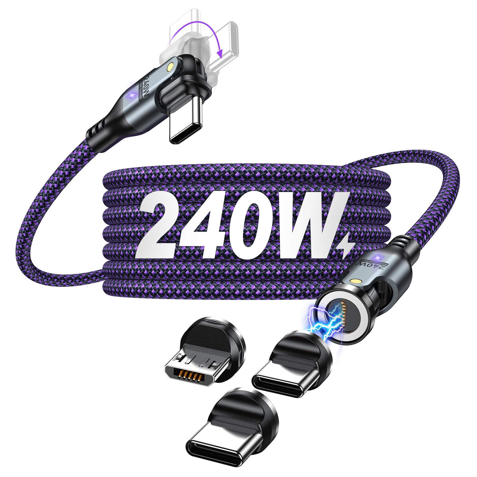VAFOTON 240W USB C Magnet Ladekabel 9Pin, PD Schnelllade Magnetisches Ladekabel/USBC to USBC Dual Head 180° Drehung/540° Magnetladekabel 1.8m für MaBook/Laptop/Tablet/Smartphone