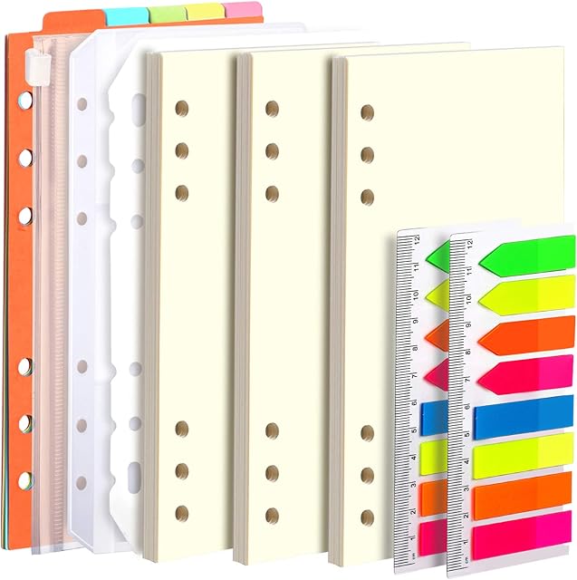 A6 Refill Paper, 3 Pack Ruled Blank Paper for Filofax Personal Organiser, 6PCS Binder Dividers, 160PCS Index Flags, 2PCS Binder Pockets, 6 Hole Loose Leaf Paper for 6 Ring A6 Personal Binder Notebook