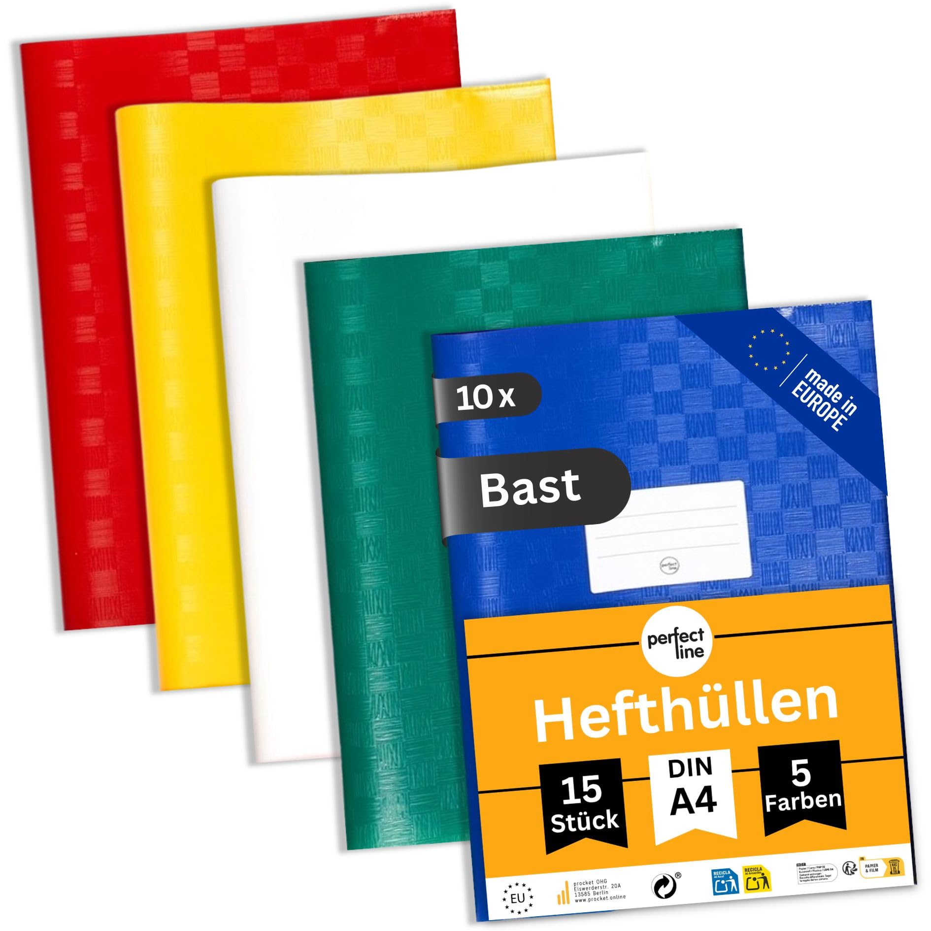 perfect line - 150 copertine in rafia DIN A4, 5 colori, copertina per quaderni con etichetta, copertina per quaderni in polipropilene riciclabile, resistente ai documenti (10 set da 15 pezzi)