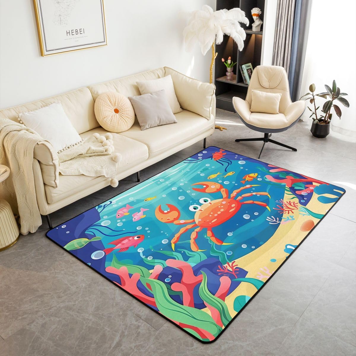 Homewish Cartoon Rote Krabbe Rugs for Living Room 150x200 | Unterwasser Korallenpflanzen Teppich Dekor Krabbe Schlafzimmer Teppiche Ozean Küste Wohnzimmer Carpet Pflegeleicht