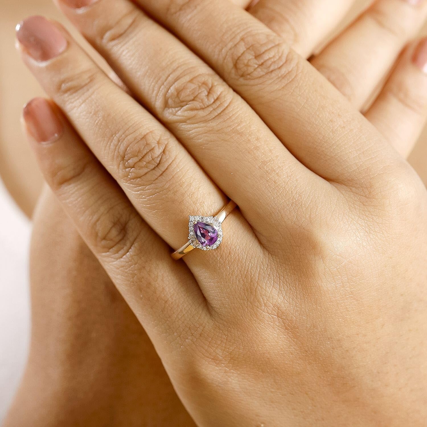 LUXORO AAA Purple Sapphire White Diamond Pear 10K Rose Gold Halo Ring for Women Jewelry Size 7 Ct 0.76 G-H Color I2 Clarity Birthday Christmas Gifts