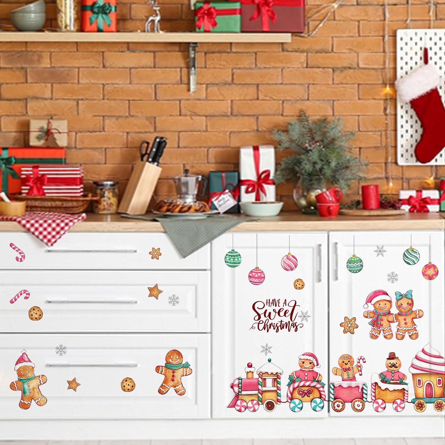 Mfault Have A Sweet Christmas ジンジャーブレッドマン トレイン ウォールデカールステッカー、ピンク X
