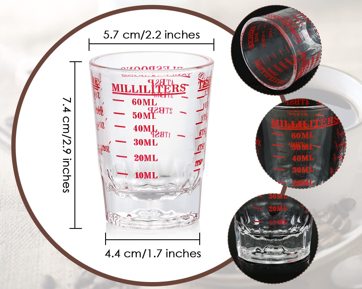 Taza medidora de 2 piezas de vaso de chupito con 4 tipos de escala de medición para líquido de pequeña cantidad (rojo, 2.3 fl oz) 2