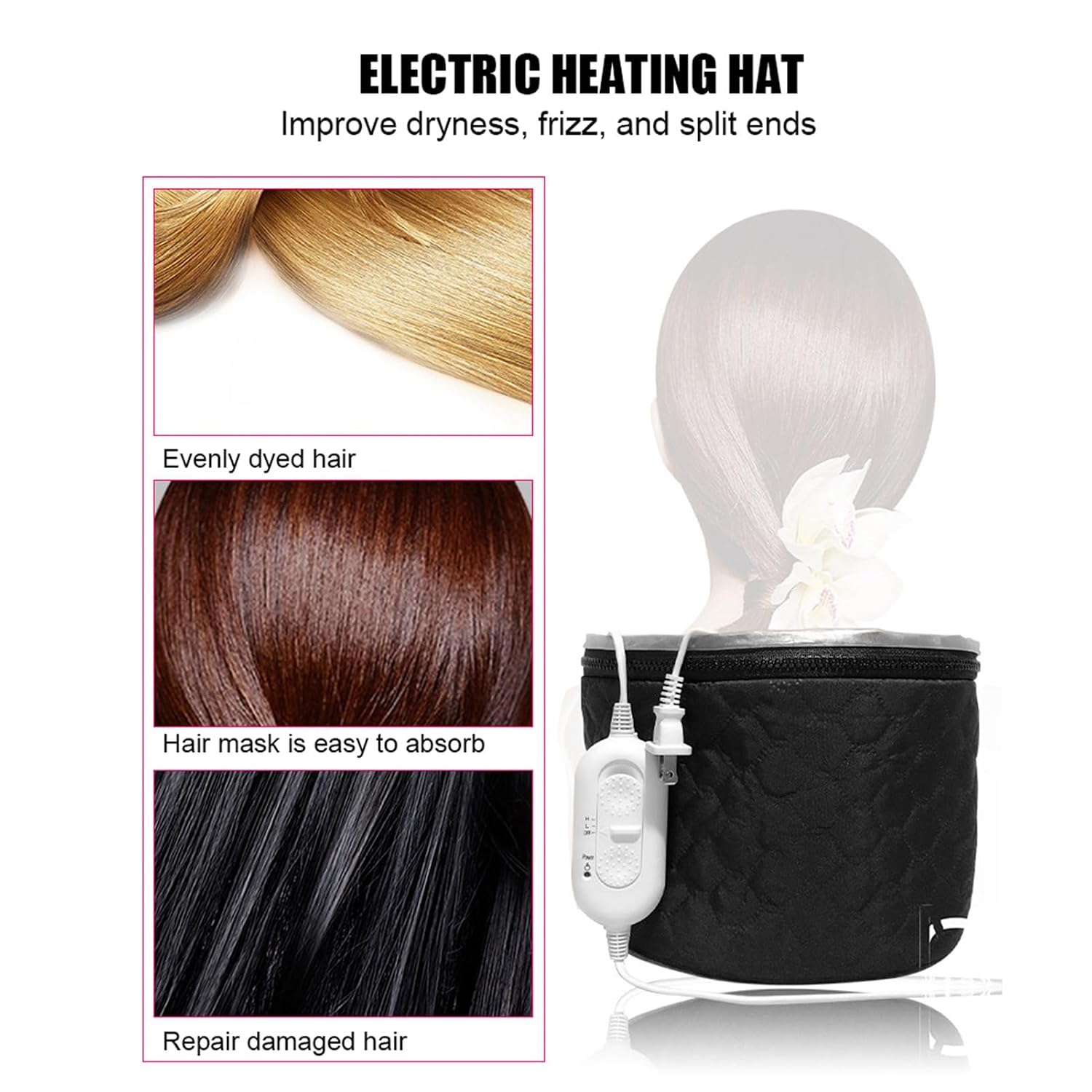 3 Gears Electric Hair Cap, 110V Electric Heating Cap with Drawstring, Deep Conditioning Heating Hats for Hair, PU Electric Hair Steamer Cap for Improving Hair Dryness