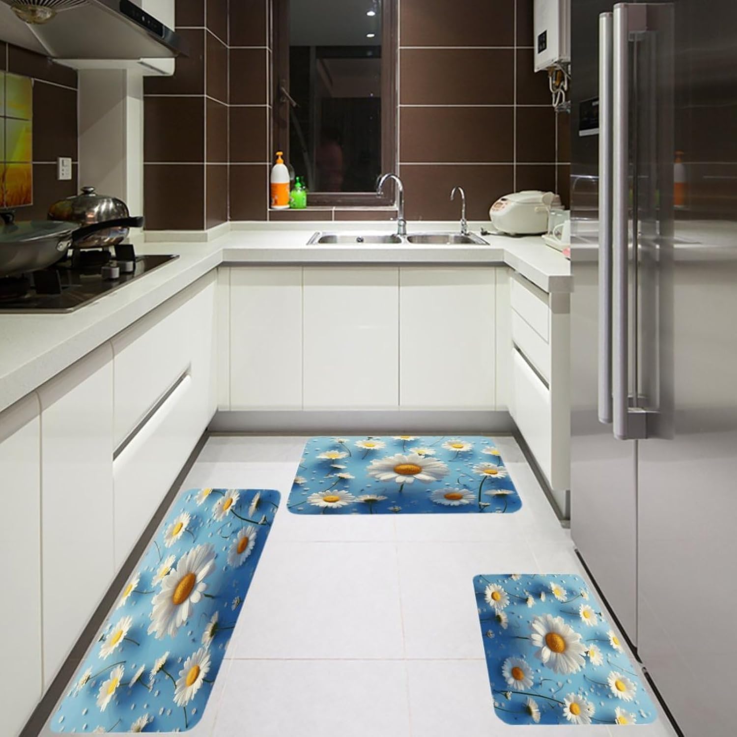 Cute Daisy Kitchen Rugs Sets of 3 Washable Non Slip Kitchen Rug Water Resistant Carpet Piece Anti Fatigue Kitchen Mats Soft Comfort Standing Mat Modern Area Rug