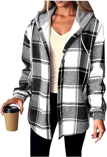 Plaid Jackets for Women 2025 Casual Long Sleeve Shacket Thick Fleece Lined Hooded Jackets Warm Coat Winter Sweatshirt