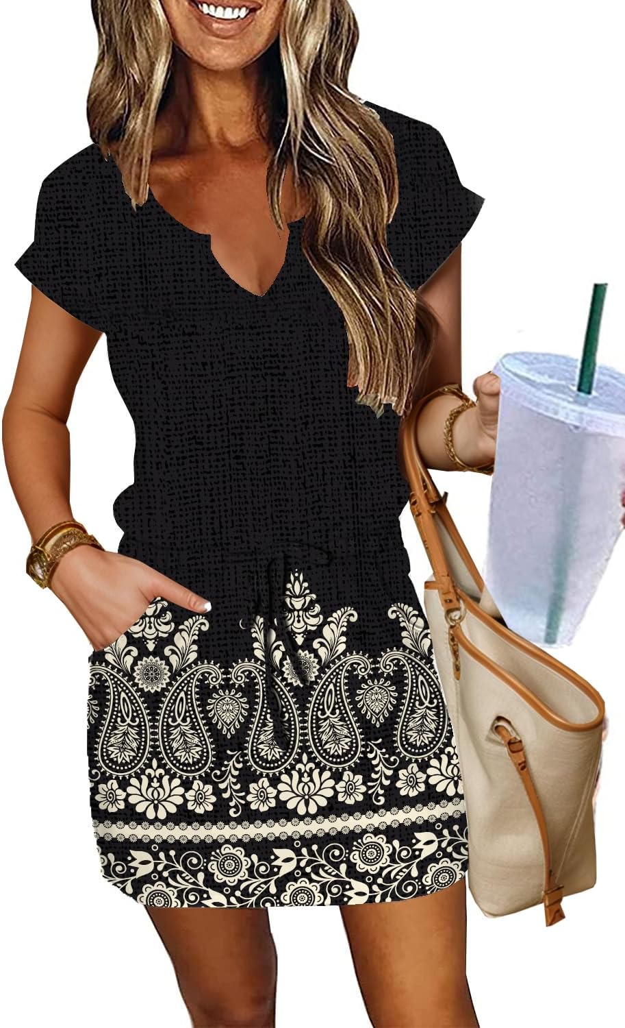 SAUKOLE Women Summer T Shirt Dress Casual Short Sleeve V Neck Dress with Pockets Drawstring Waist Short Dresses