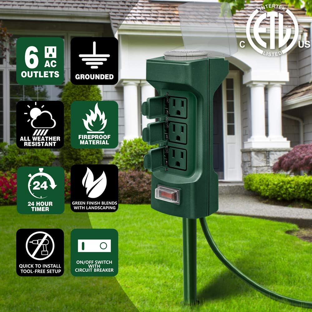 K KASONIC - Outdoor Extension Cord 50 FT + Outdoor Stake Timer, Weatherproof Multiple Outlets Wire for Landscaping Light, Holiday Decoration and Christmas, ETL Listed